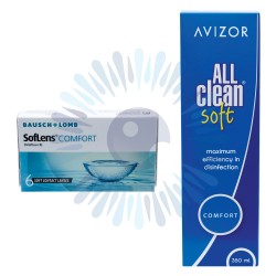 Μηνιαίοι σφαιρικοί φακοί επαφής BAUSCH + LOMB SofLens COMFORT 6 και Υγρό Διάλυμα Πολλαπλών Χρήσεων Avizor All Clean Soft