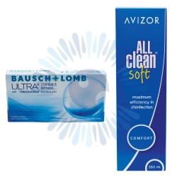 Μηνιαίοι σφαιρικοί φακοί επαφής BAUSCH + LOMB ULTRA™ και Υγρό Διάλυμα Πολλαπλών Χρήσεων Avizor All Clean Soft